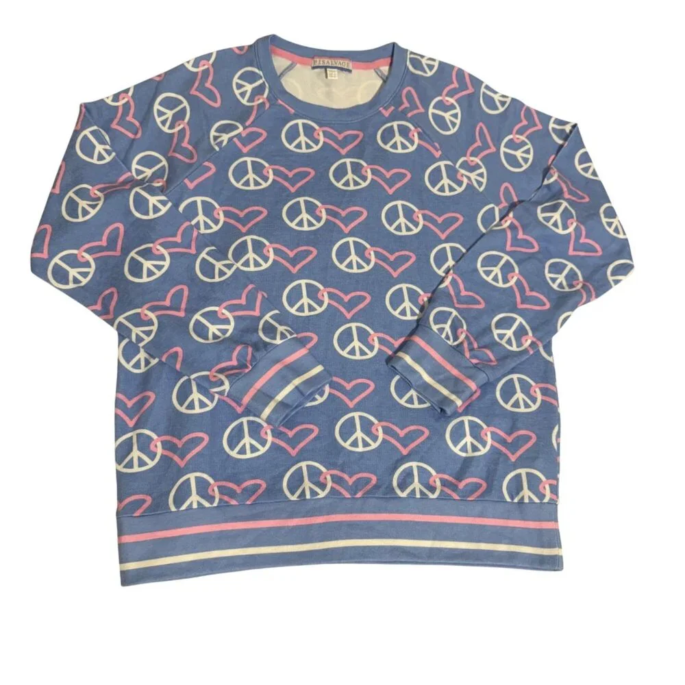 P.J. Salvage Peace & Love Lounge Set -‎ Blue Pink & White Hearts size small nwot